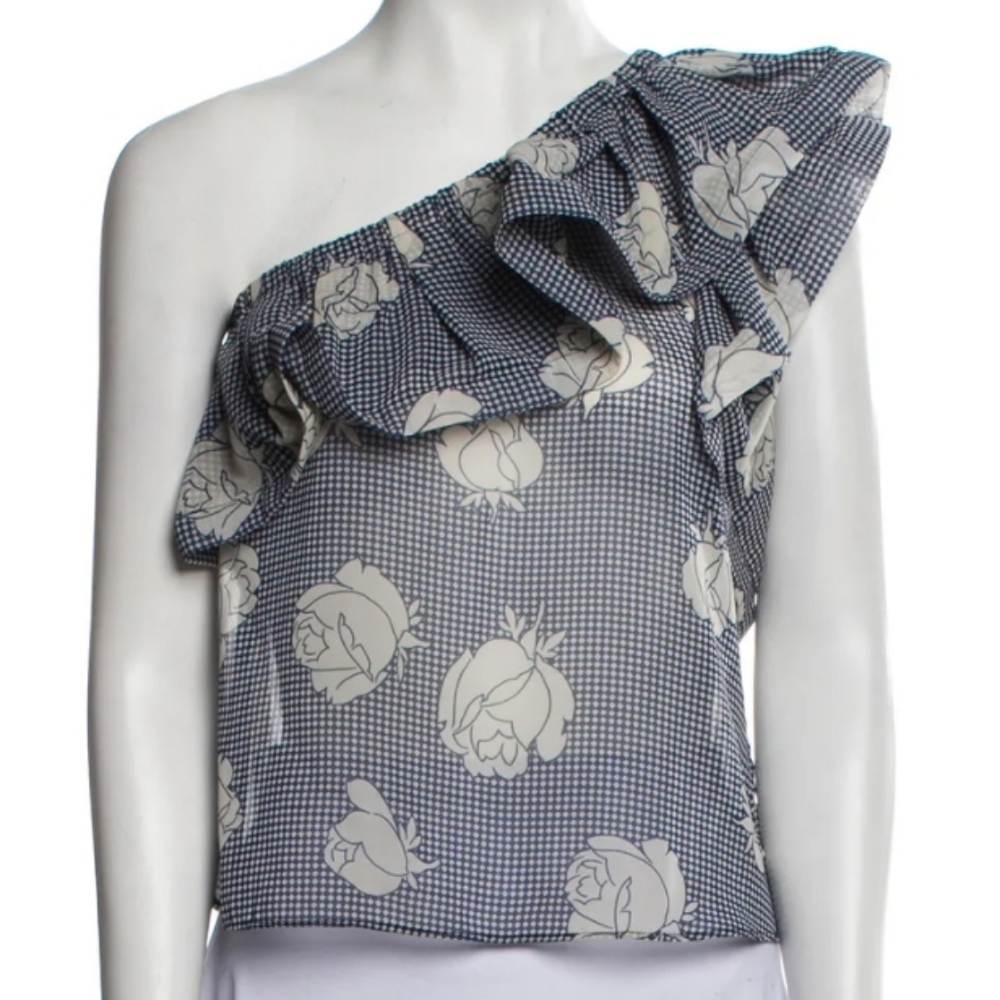 MISA Los Angeles One-Shoulder Ruffle Blouse Medium | Blue White Sheer Ruffle Top